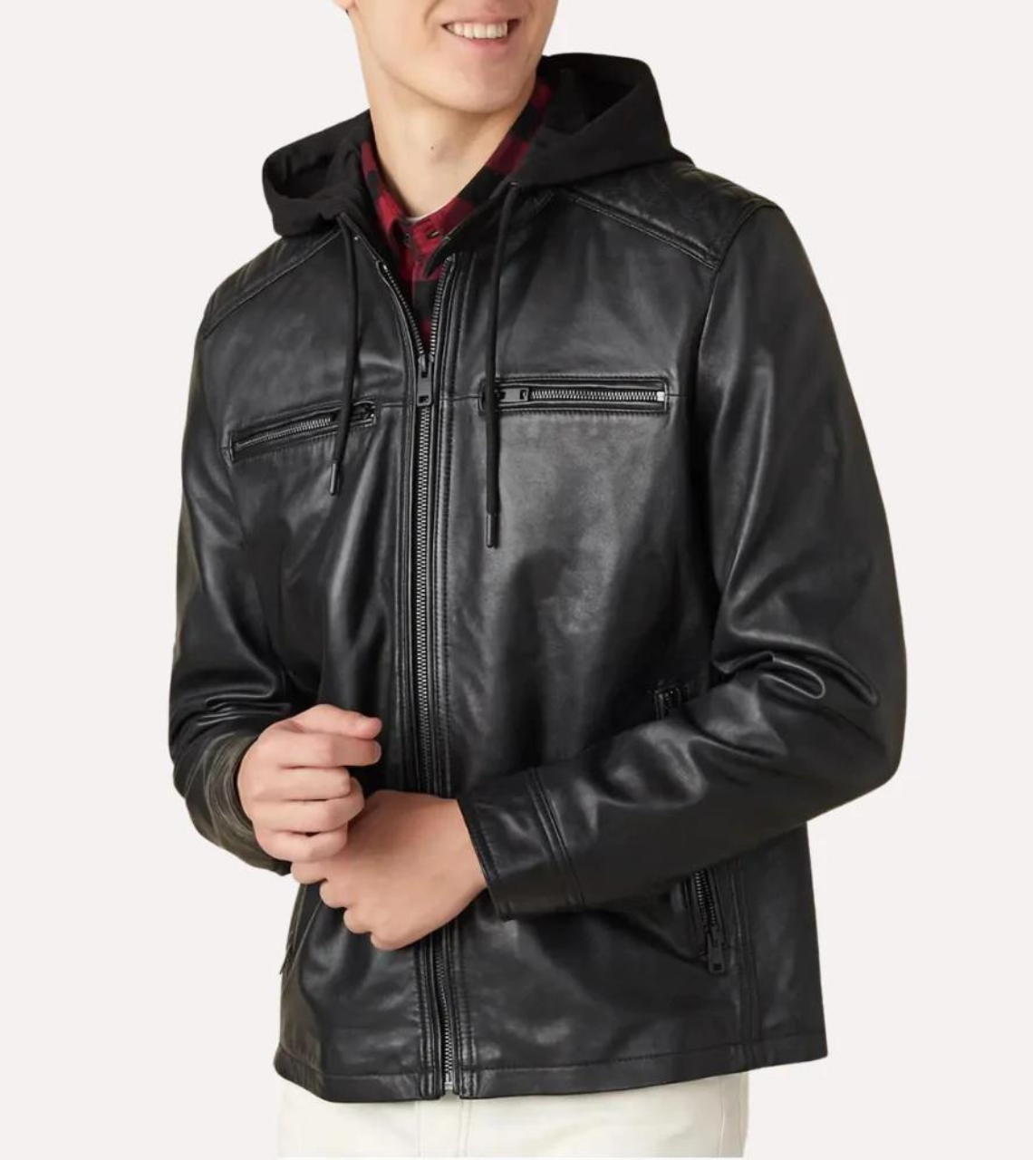 Sleek Black Hooded Men's Leather Jacket