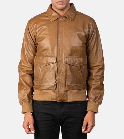 Nord Men's Brown Leather Bomber Jacket Zippered
