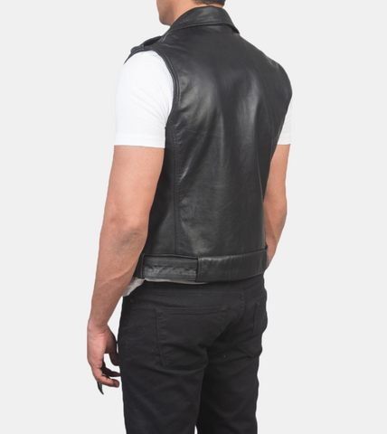 Archer Men's Black Biker's Leather Vest Back