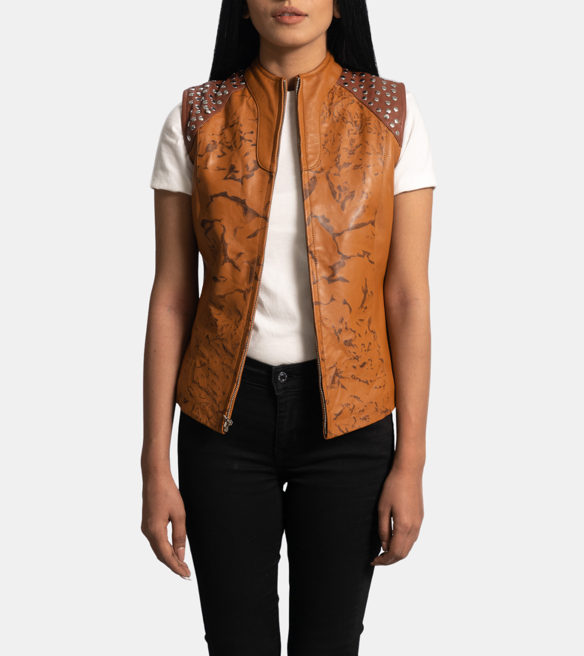 Orliea Women's Brown Studded Leather Vest