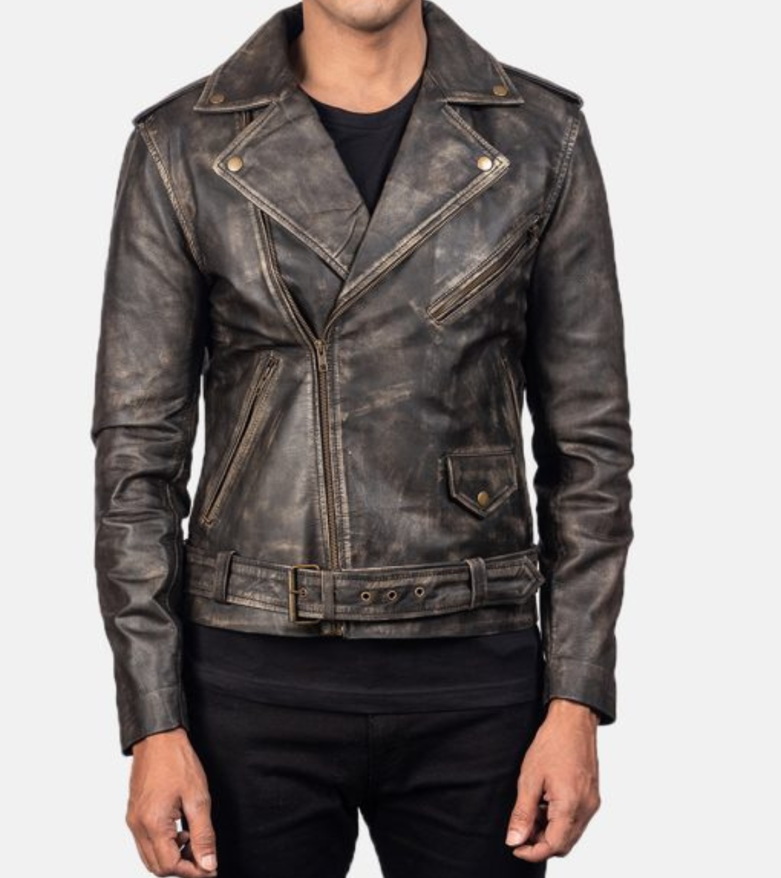 Distressed Leather Biker Jacket For Men