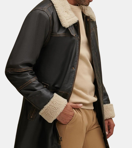 Men's Shearling Sheepskin Fur Leather Coat 
