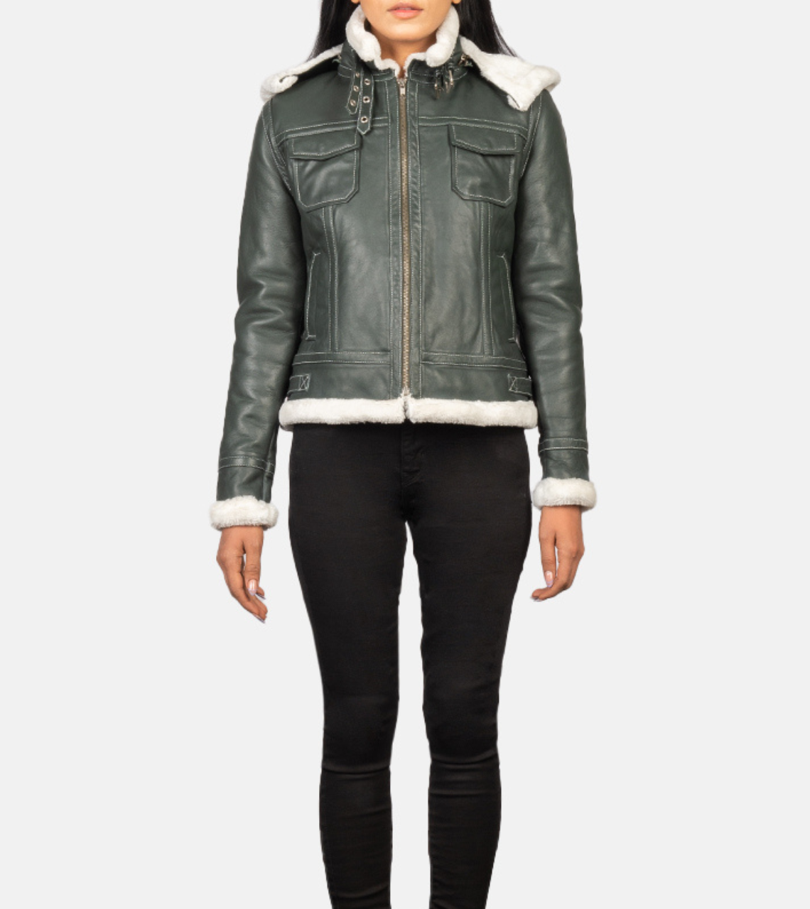 Green Hooded Shearling Leather Jacket