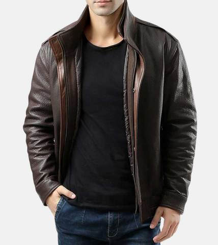 Notch Collar Leather Bomber Jacket For Men's
