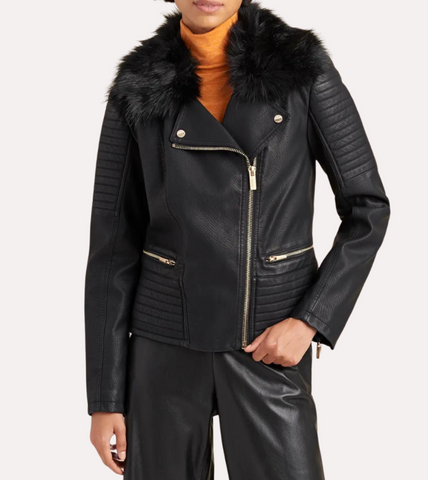Fur Collar Shearling Leather Jacket For Women's 