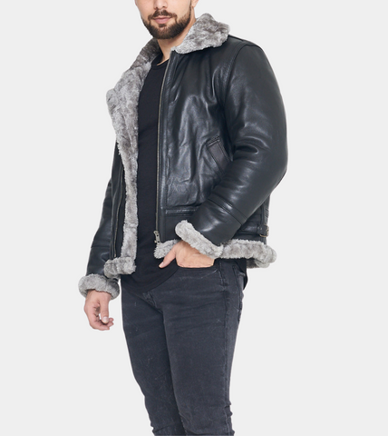 Military Black Shearling Men's Leather Jacket
