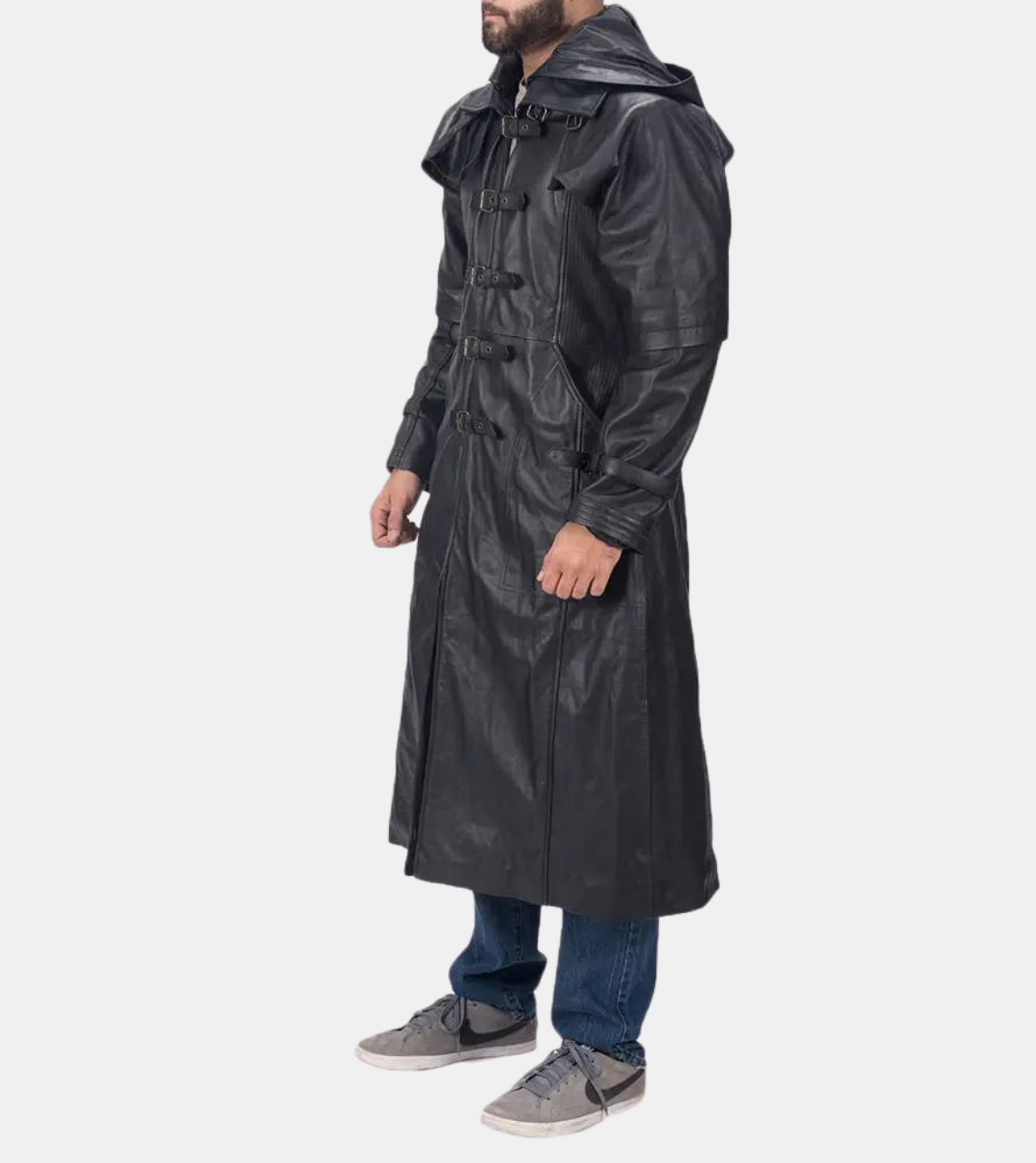 Men's Black Hooded Leather Coat