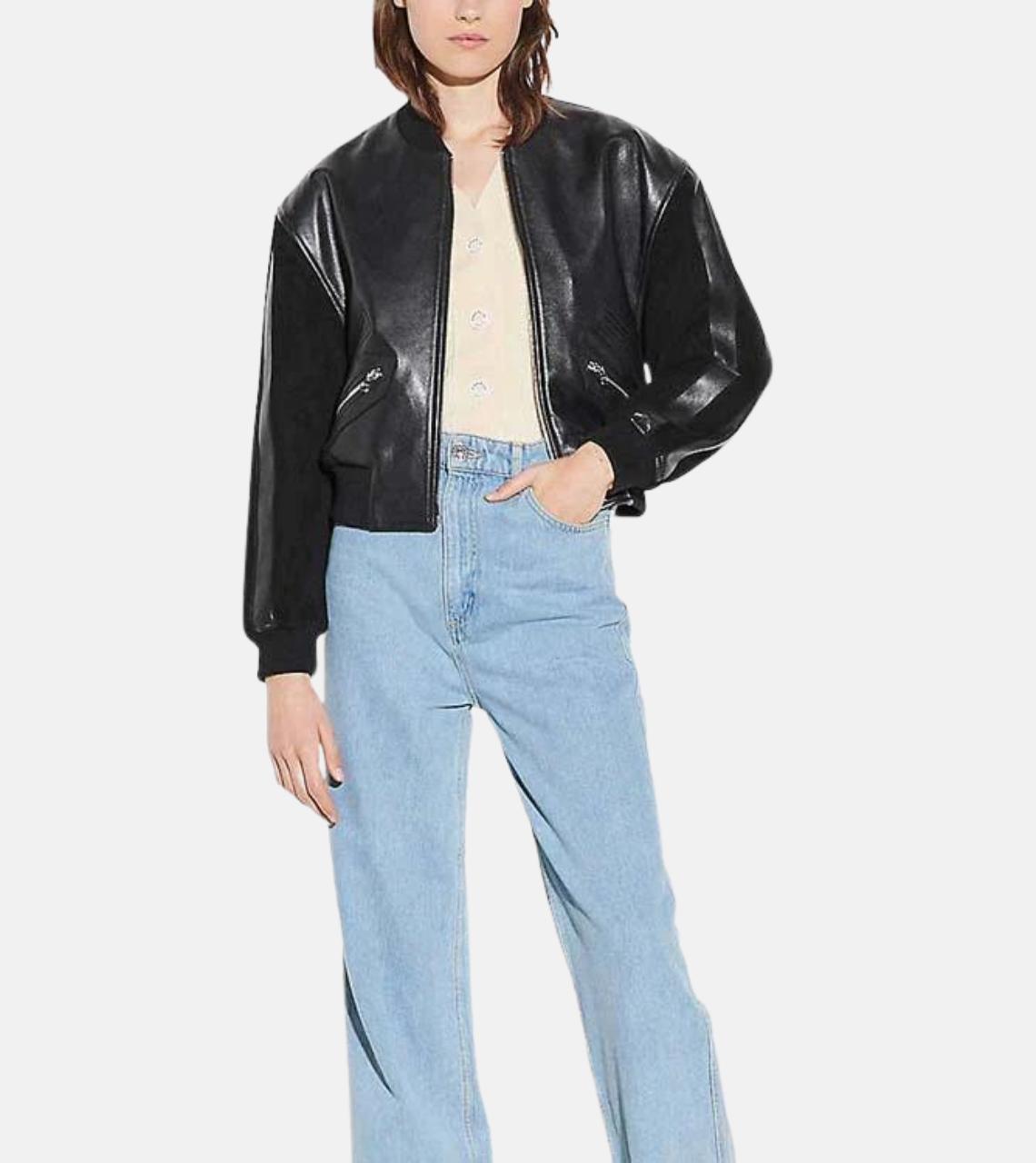  Women's Sheeny Black Leather Bomber Jacket 