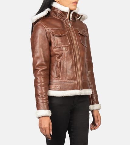 Fiona Brown Hooded Shearling Leather Jacket For Women's