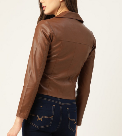 Women's Sophisticated Brown Leather Jacket Back