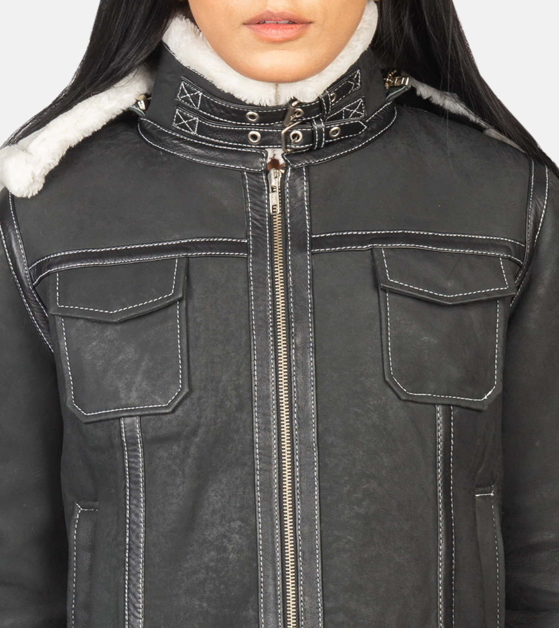 Fiona Black Hooded Shearling Leather Jacket For Women's