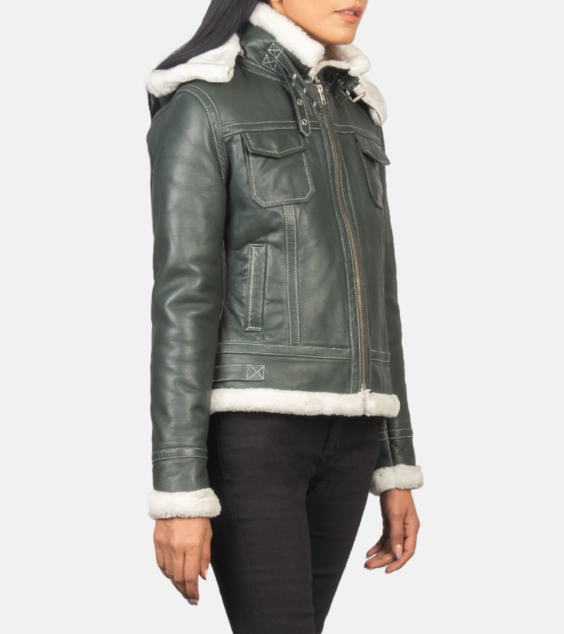 Fiona Green Hooded Shearling Leather Jacket For Women's