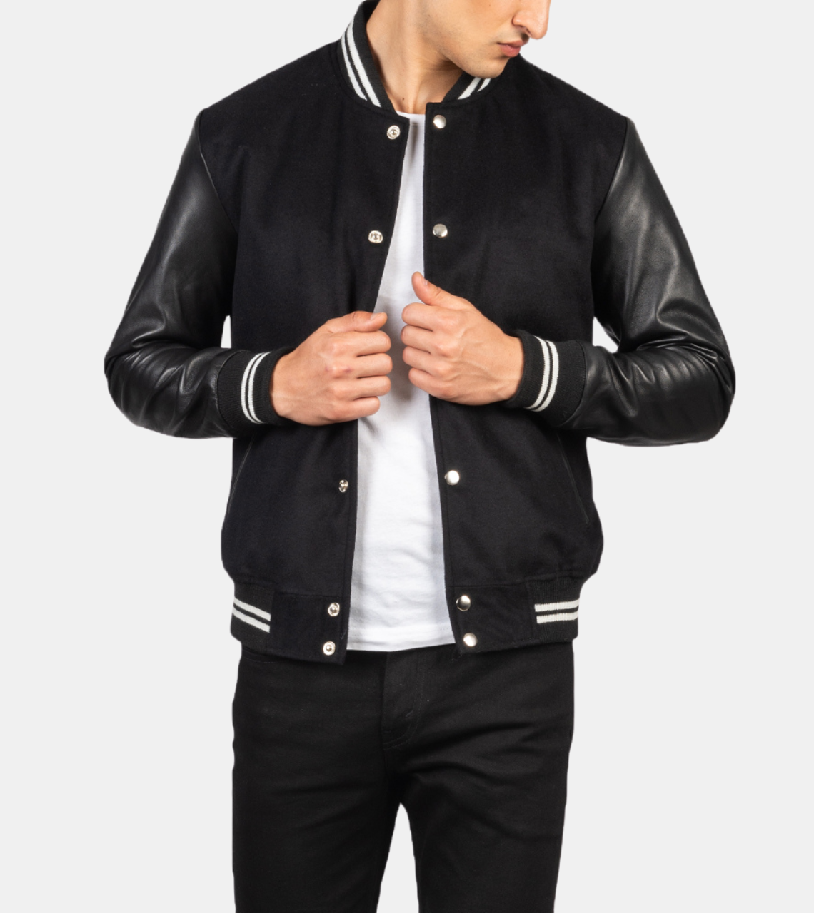 Shane White Stripped Varsity Leather Jacket For Men's