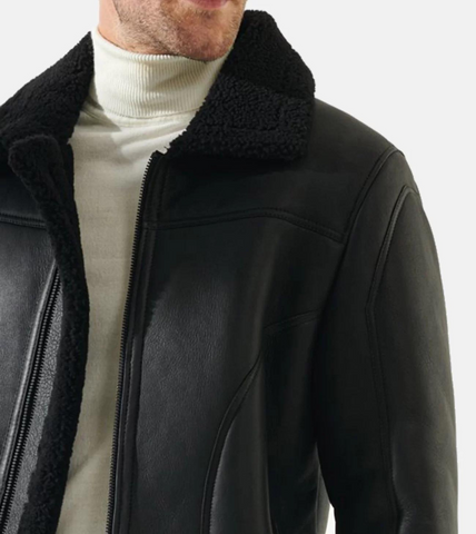 Men's Black Shearling Leather Jacket Shoulder