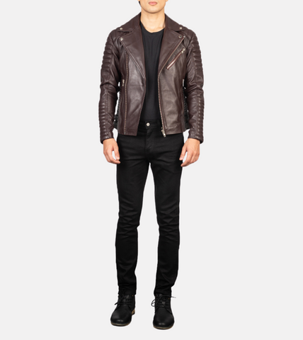  Puff Up Men's Biker Leather Jacket - Brown