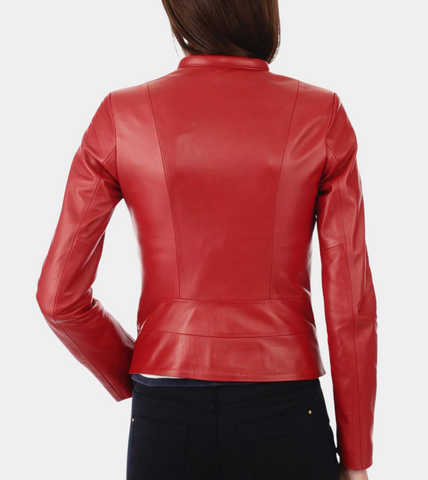 Round Collar Red Women's Biker Leather Jacket Back