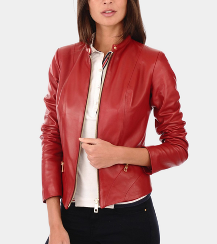 Round Collar Red Women's Biker Leather Jacket
