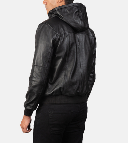 Black Caillou Men's Leather Bomber Jacket Back