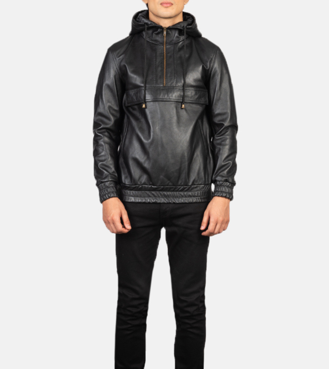 Black Men's Hooded Leather Pullover Jacket