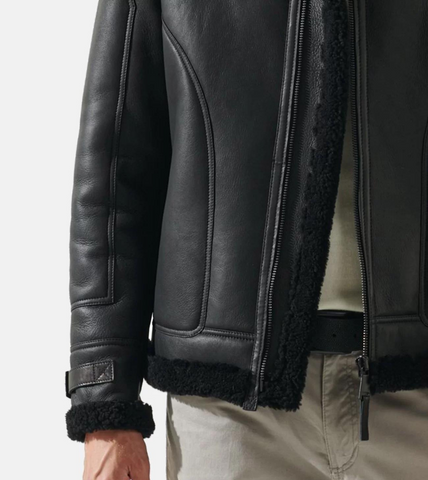 Black Shearling Leather Jacket  For Men's