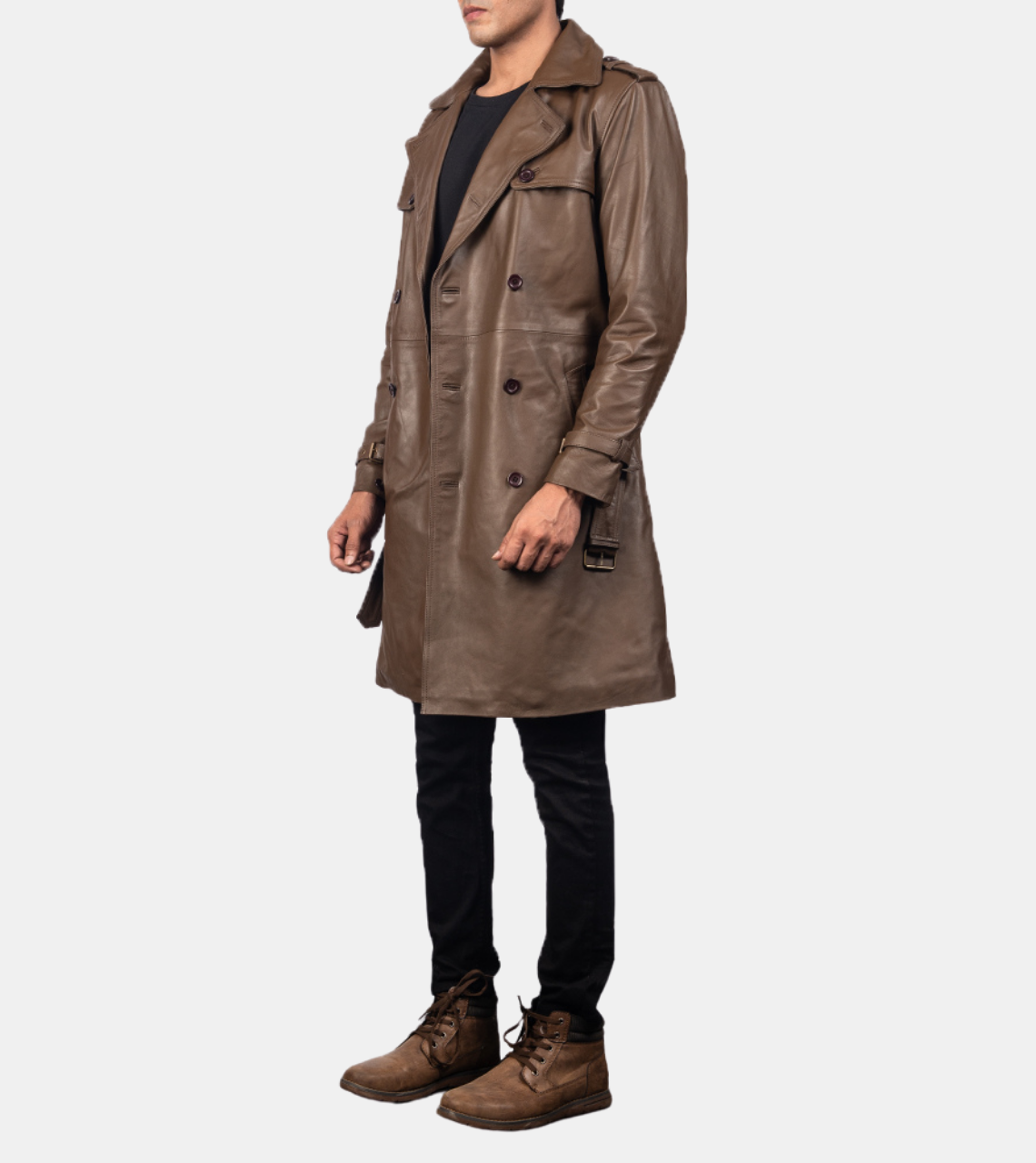  Men's Brown Notched Leather Coat 