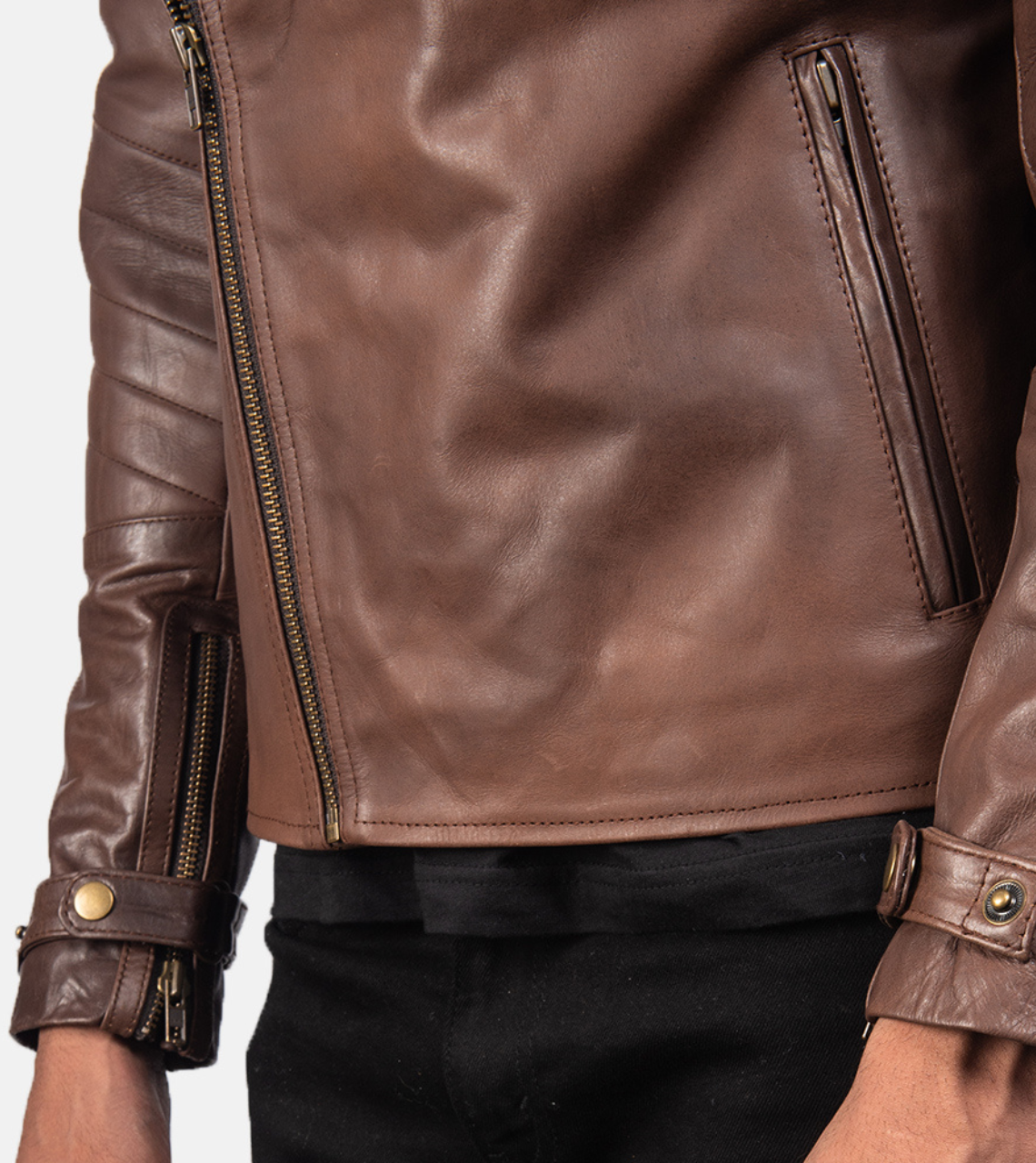 Brown Bollons Leather Biker Jacket Cuff