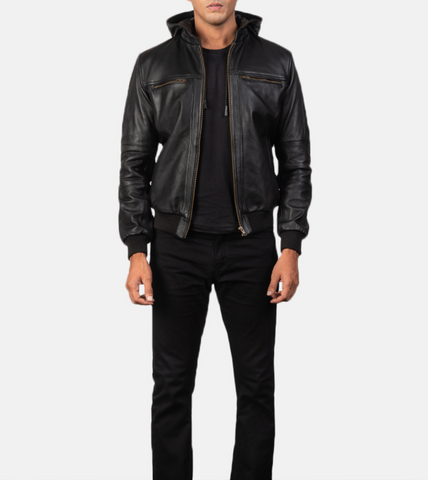 Black Caillou Leather Bomber Jacket