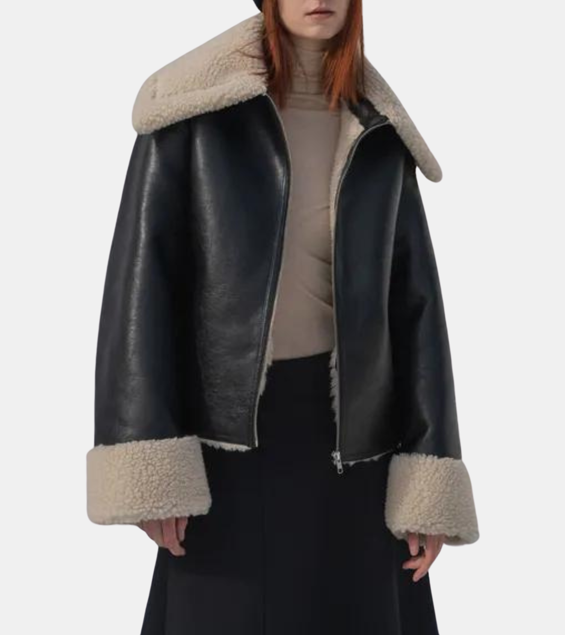 Women's Shearling Collar Black Bomber Leather Jacket 