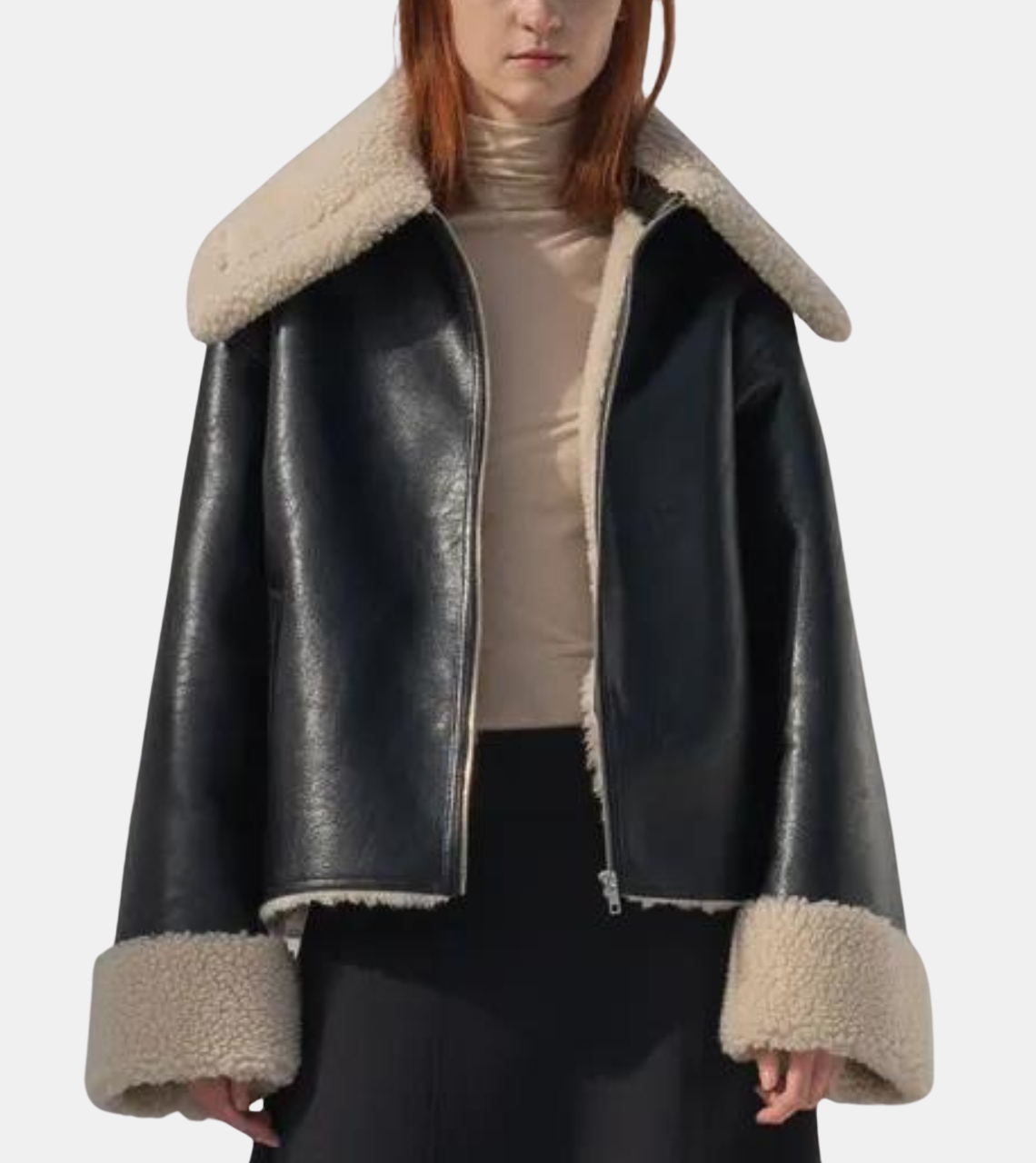  Reign Women's Shearling Collar Black Bomber Leather Jacket 