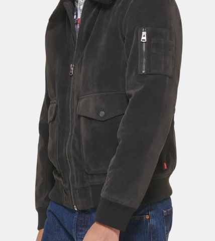  Vincent Men's Black Suede Aviator Leather Jacket Shoulder