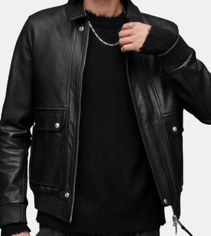 Men's Black Bomber Leather Aviator Jacket 