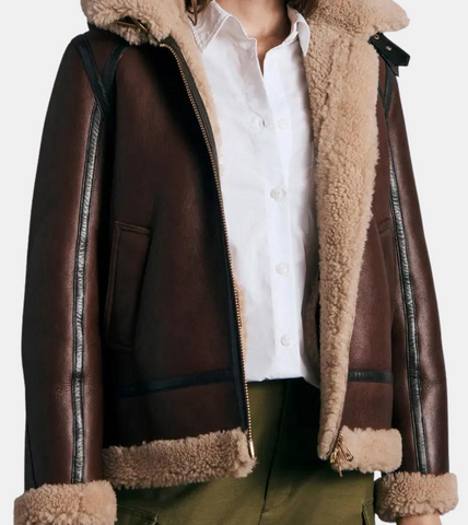  Women's Hooded Tan Brown Shearling Leather Aviator Jacket