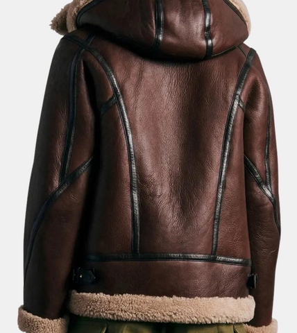  Hooded Tan Brown Shearling Leather Aviator Jacket