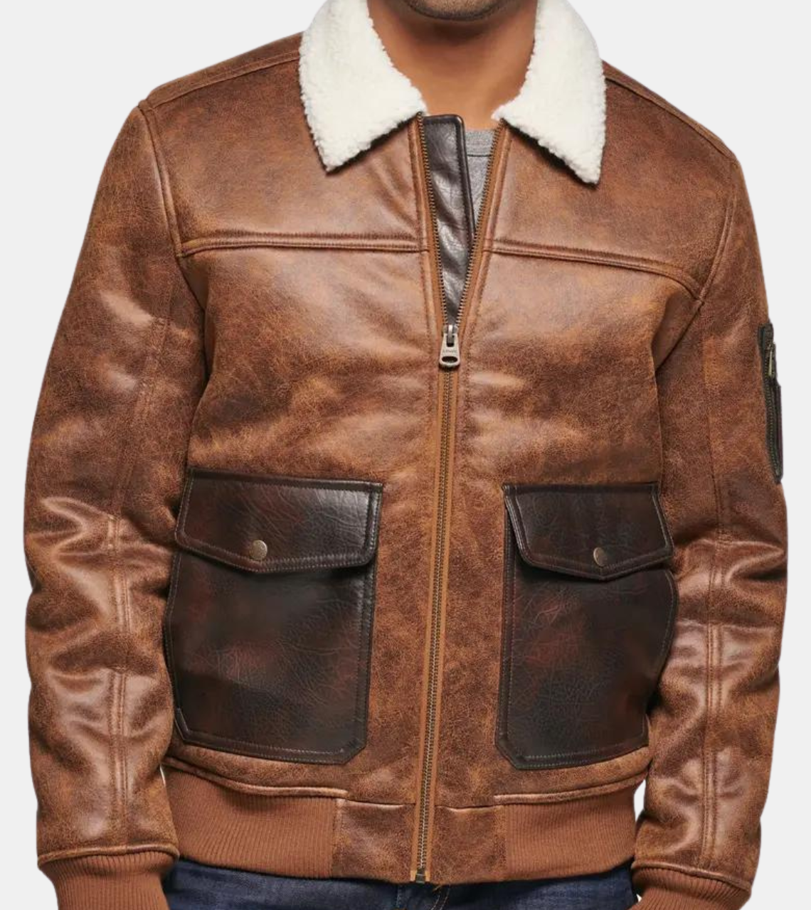 Sinead Men's Brown Shearling Collar Distressed Leather Jacket