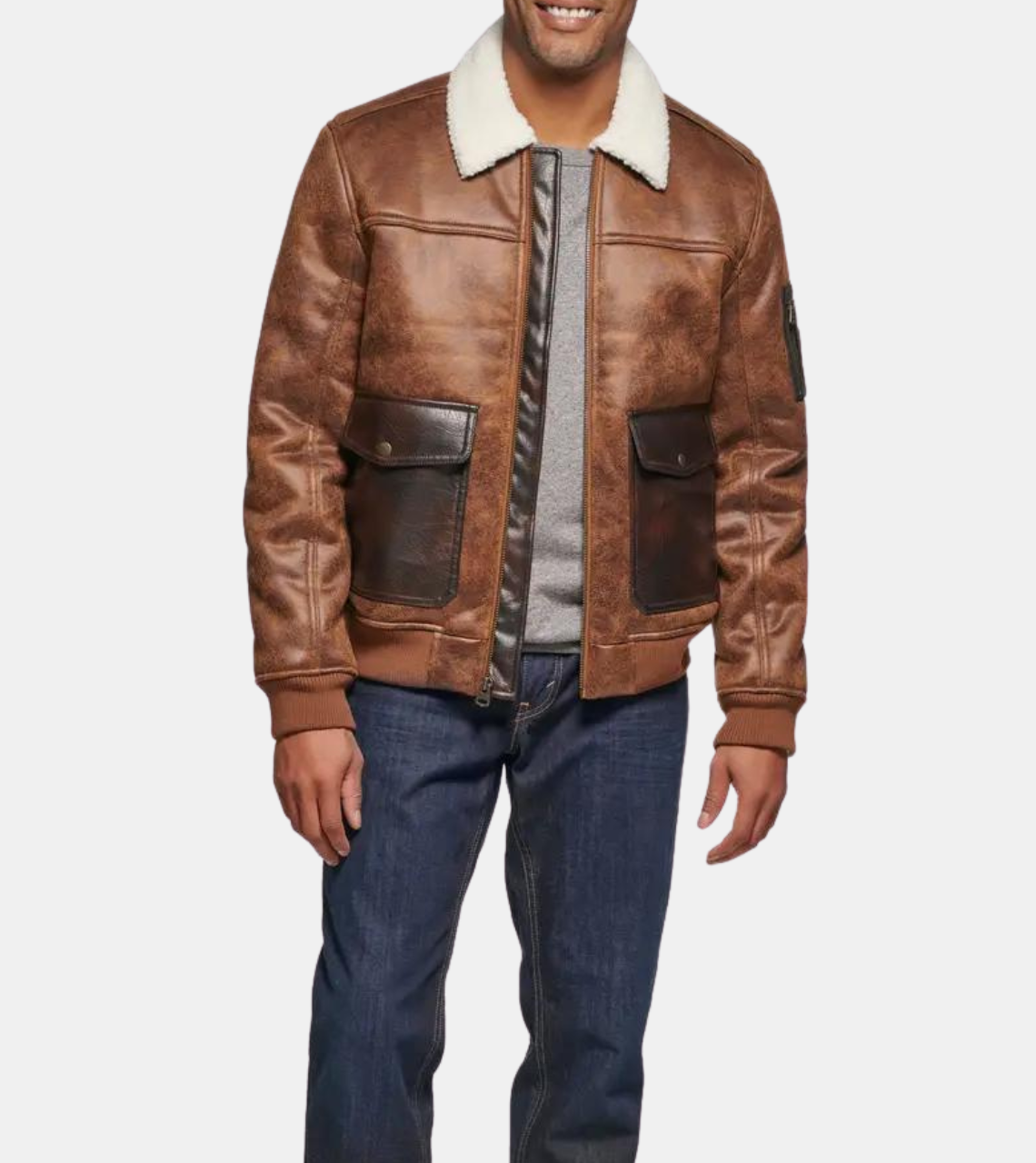  Men's Brown Shearling Collar Distressed Leather Jacket