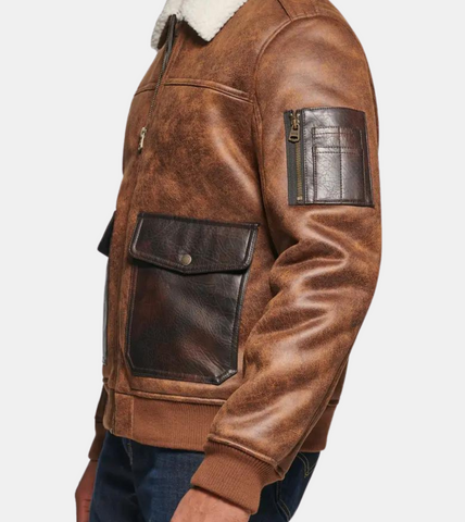  Brown Shearling Collar Distressed Leather Jacket