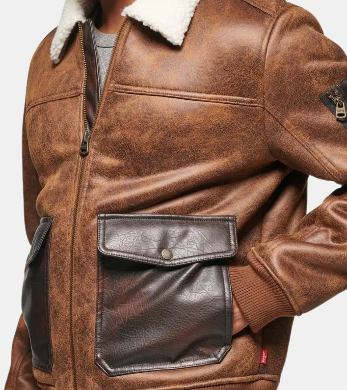 Sinead Brown Shearling Collar Distressed Leather Jacket For Men's