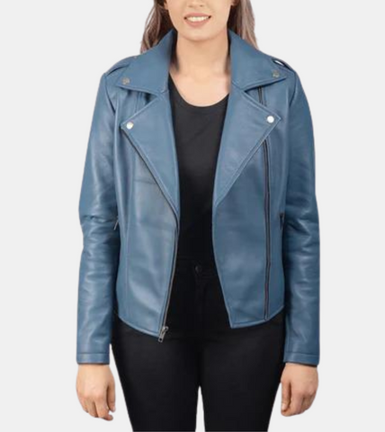 Shaelyn Women's Blue Biker's Leather Jacket