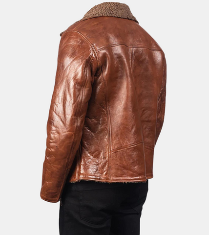 Distressed Shearling Brown Leather Jacket For Men's