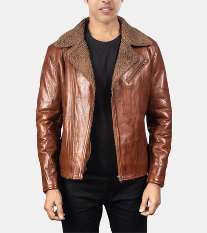 Jessamy Men's Distressed Shearling Brown Leather Jacket