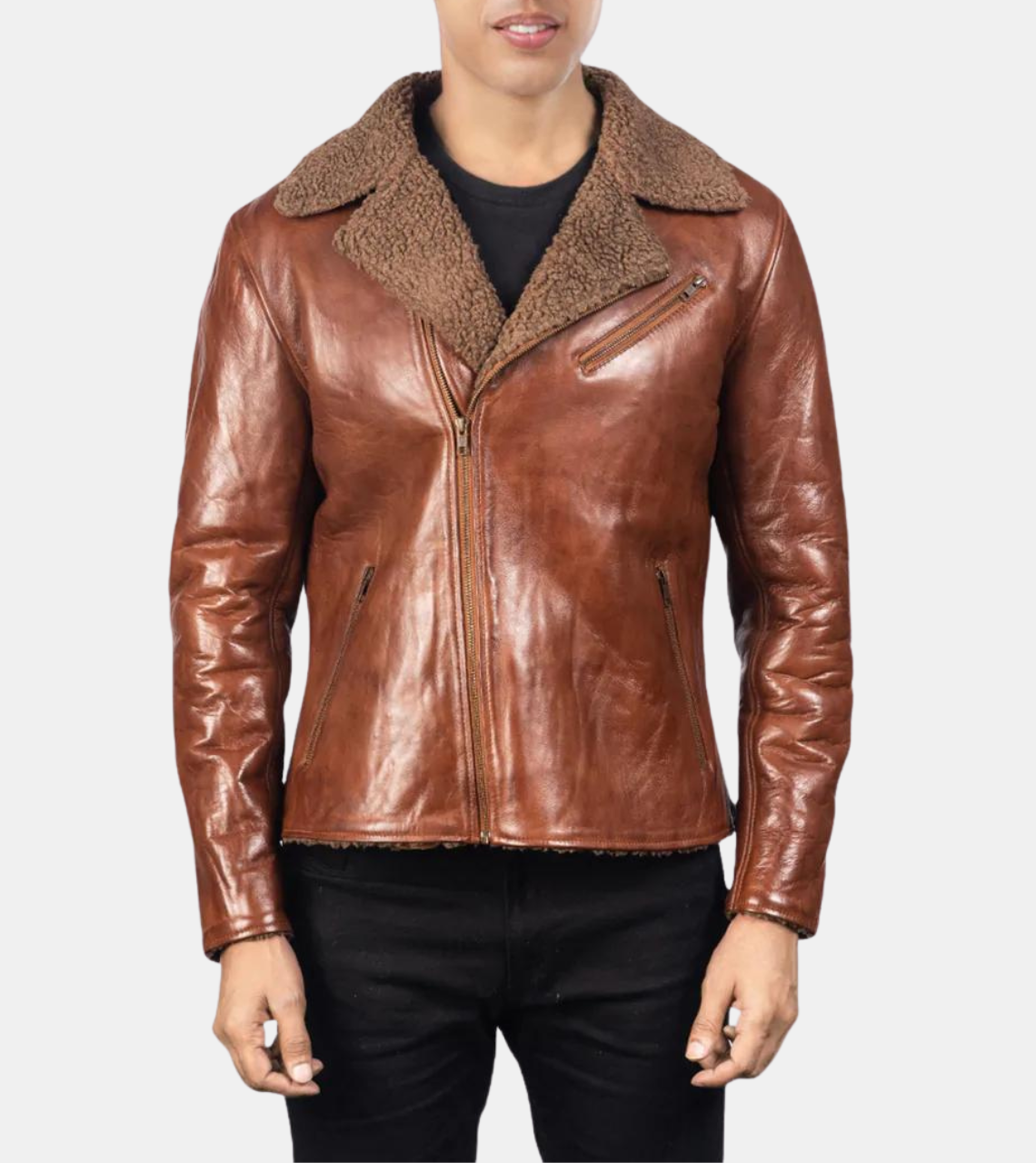  Men's Distressed Shearling Brown Leather Jacket
