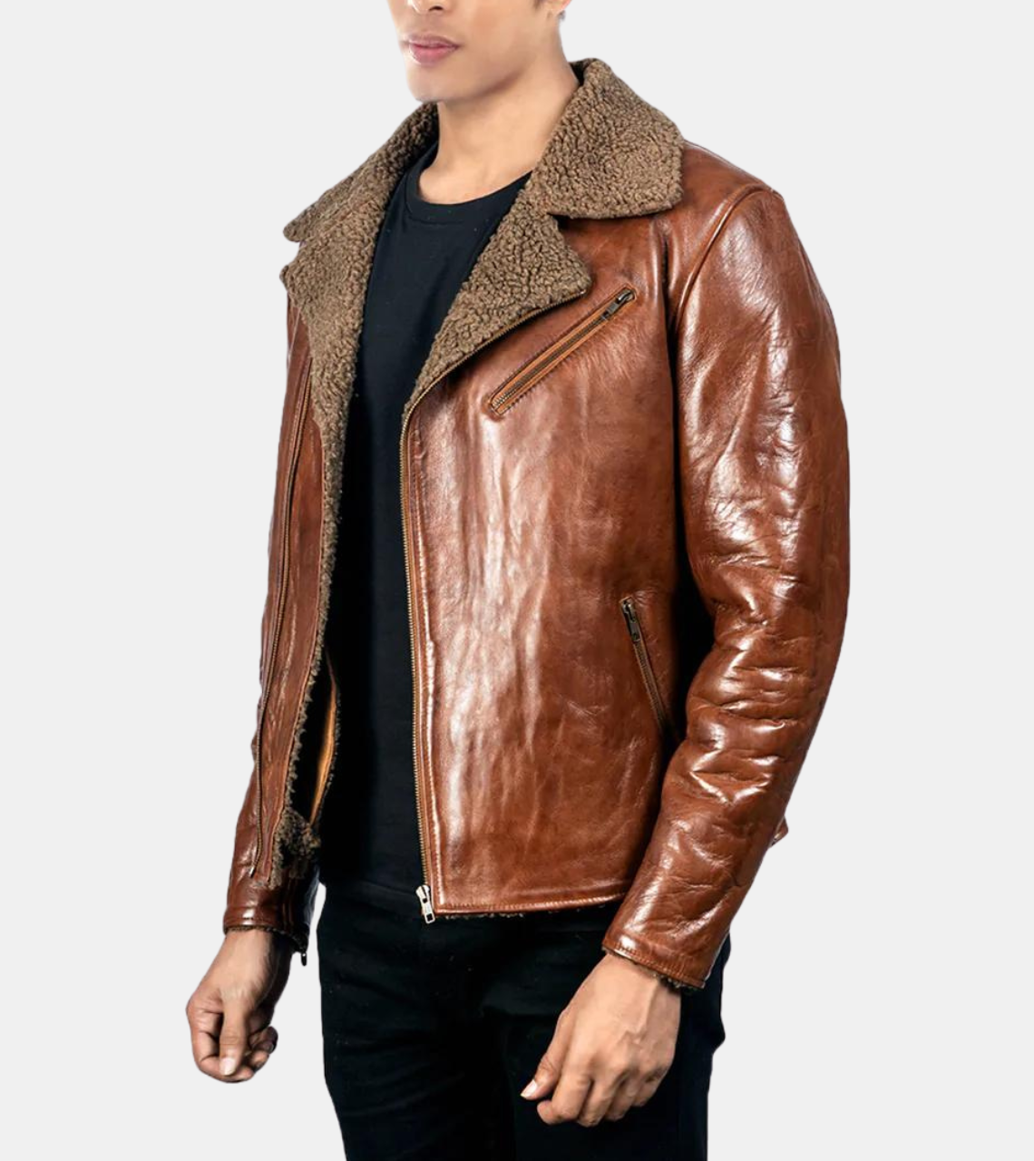  Distressed Shearling Brown Leather Jacket