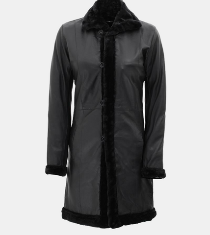  Women's Black Shearling Leather Coat