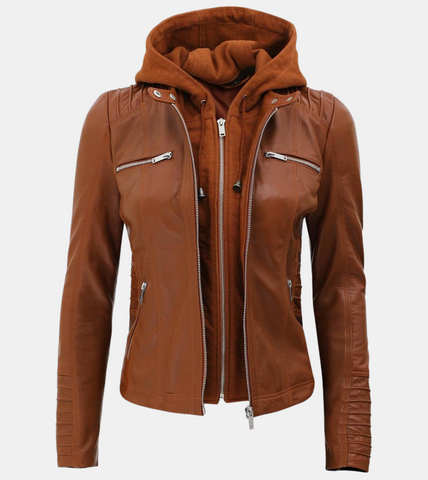 Aria Women's Removable Hooded Brown Leather Jacket