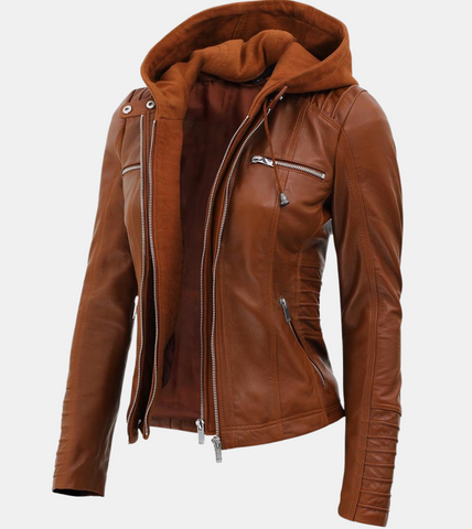 Aria Removable Hooded Brown Leather Jacket For Women's