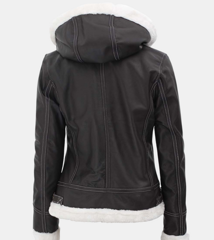Betsy Women's Hooded Black Leather Jacket Back