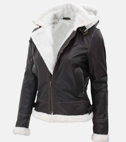 Betsy Hooded Black Leather Jacket For Women's