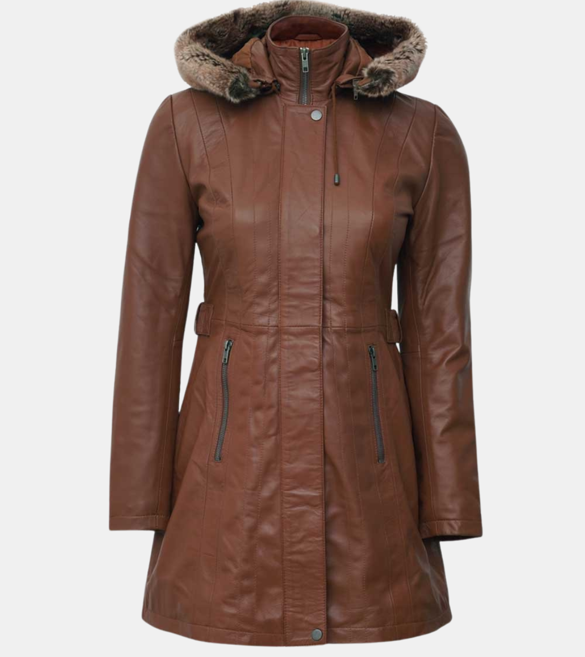 Women's Hooded Tan Brown Leather Coat