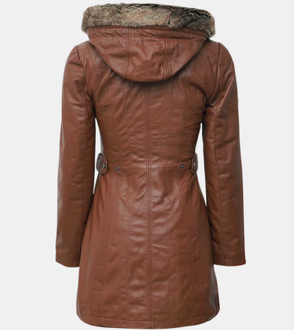  Hooded Tan Brown Leather Coat