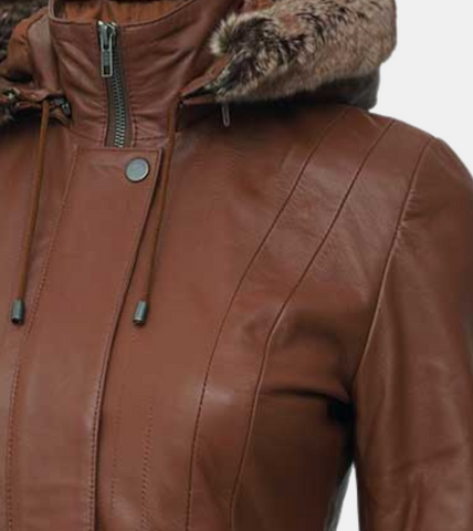  Hooded Tan Brown Leather Coat For Women's